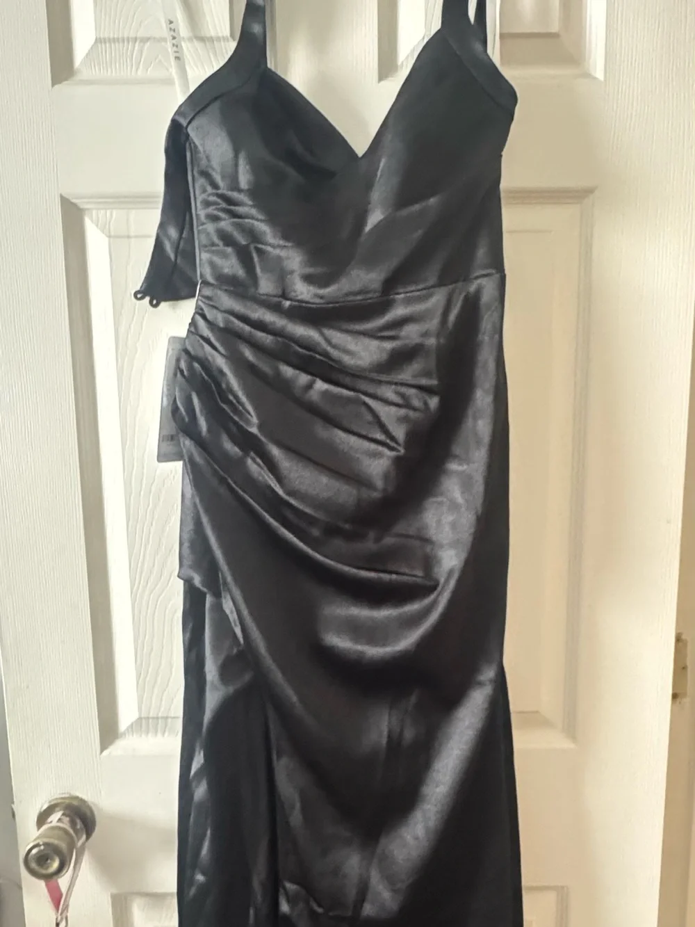Azazie Black Satin Halter Gown with Side Slit